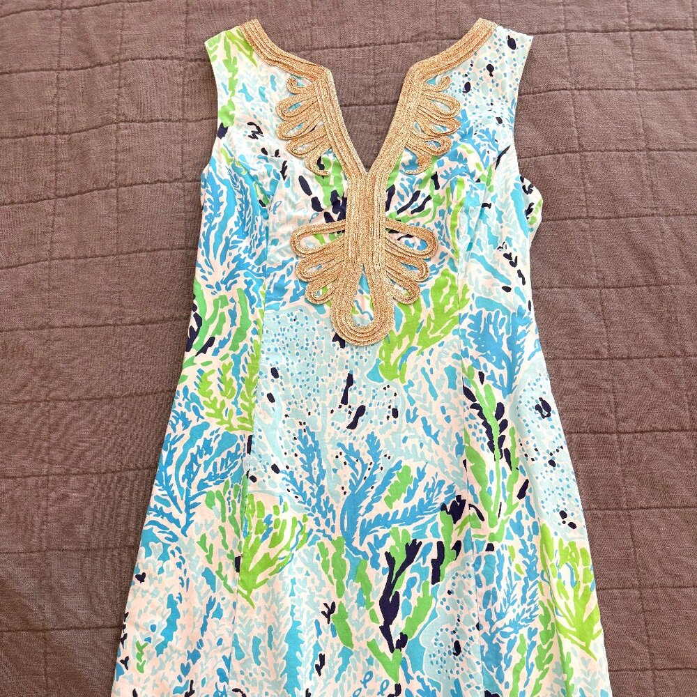 Lilly Pulitzer Janice Shift Spa Blue Lets Cha Cha Dress with Gold Trim